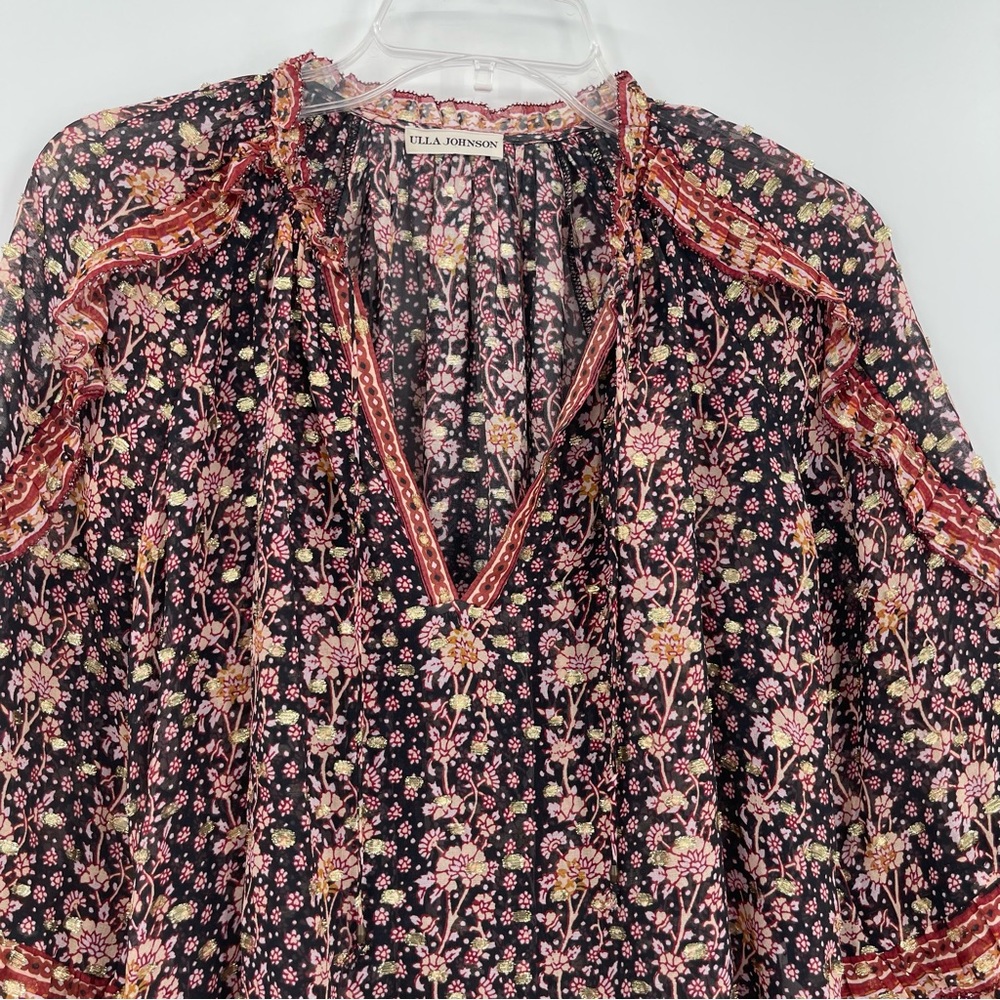 Ulla Johnson Black Floral Boho Peasant Blouse with Red Accents - Picture 4 of 12